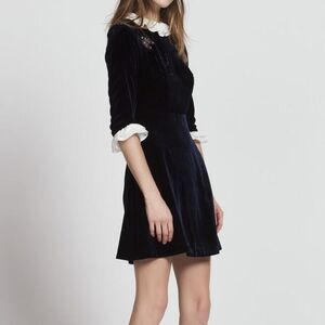 Sandro Paris Velvet Embroidered Ruffle Collar Mini Dress Navy Blue Size 1 (S)